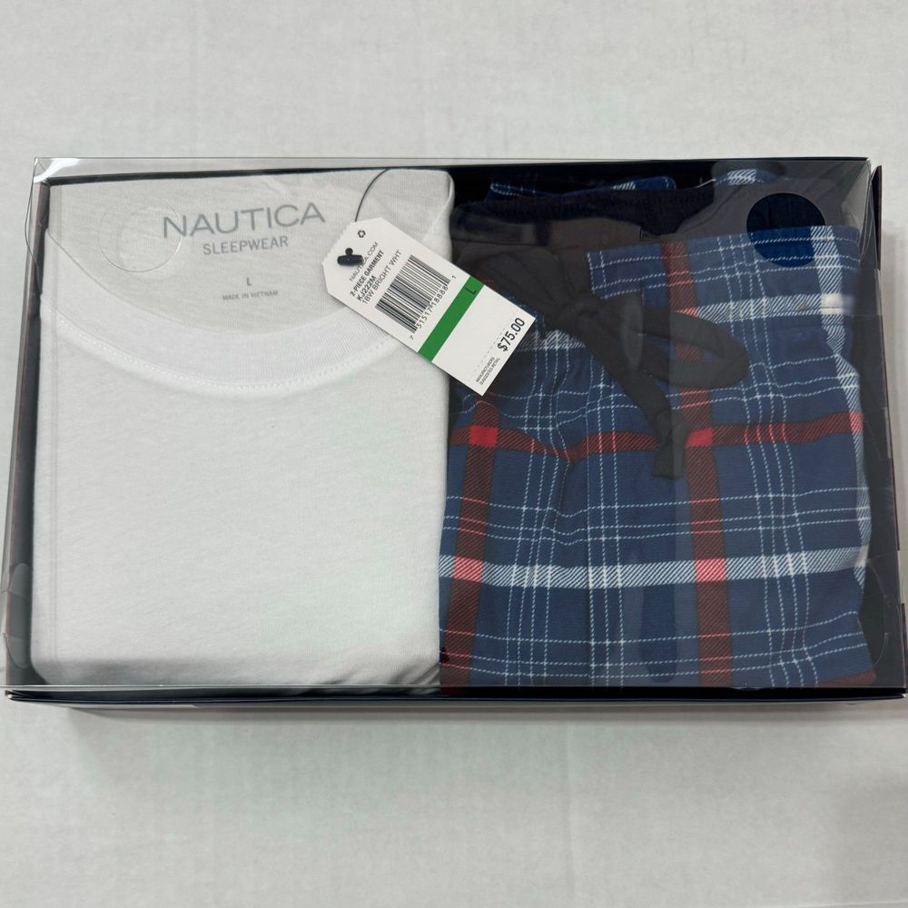 Nautica Sz L Men's PJ Set White Blue Multi Crew Neck Cozy Pants - Picture 4 of 12